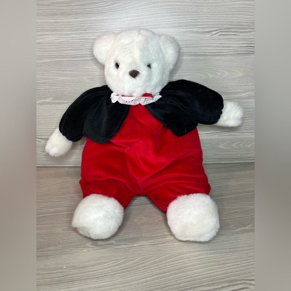 Vintage 1989 Prestige Toy Corp White Teddy Bear Plush Red Velvet Outfit 14"‎